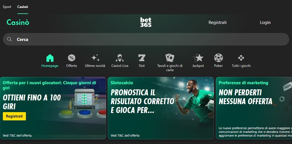 Pagina principale di Bet365
