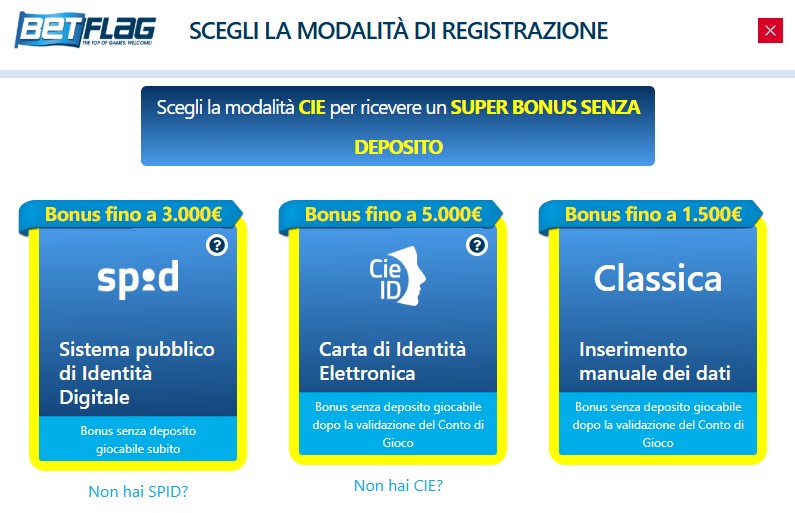 BetFlag SPID e CIE registrazione