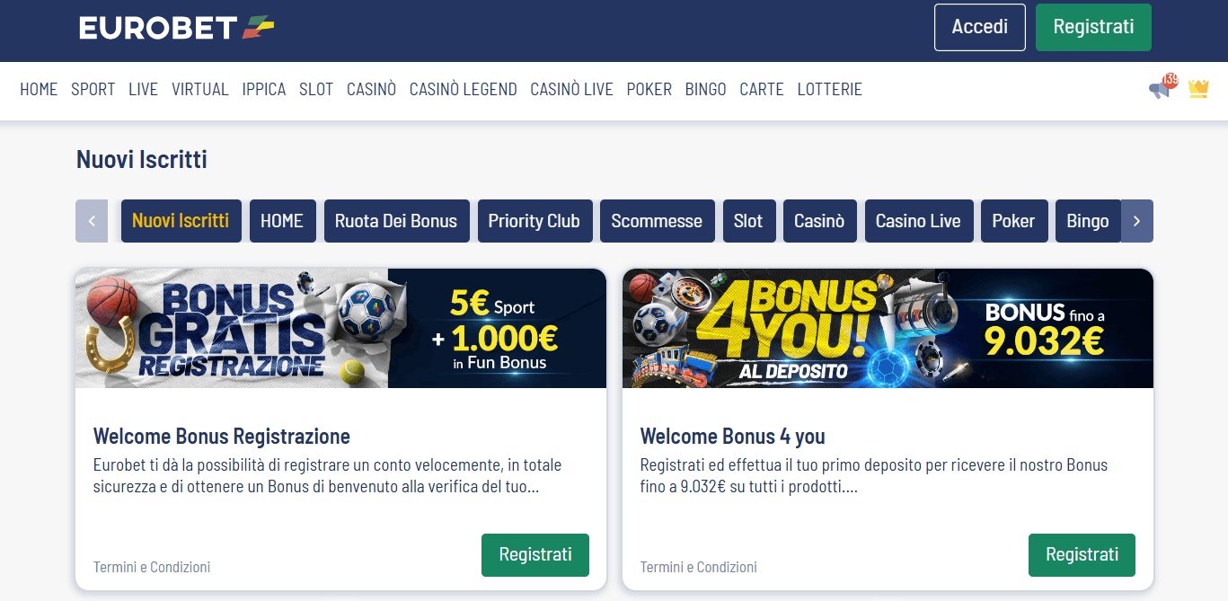 Schermata dei bonus di benvenuto di EuroBet sul sito italiano