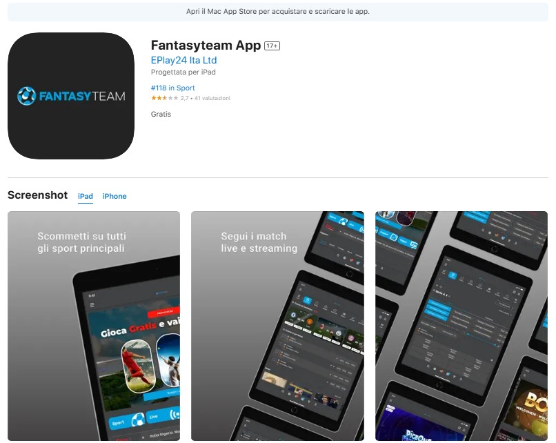 Fantasyteam app Android e iOS