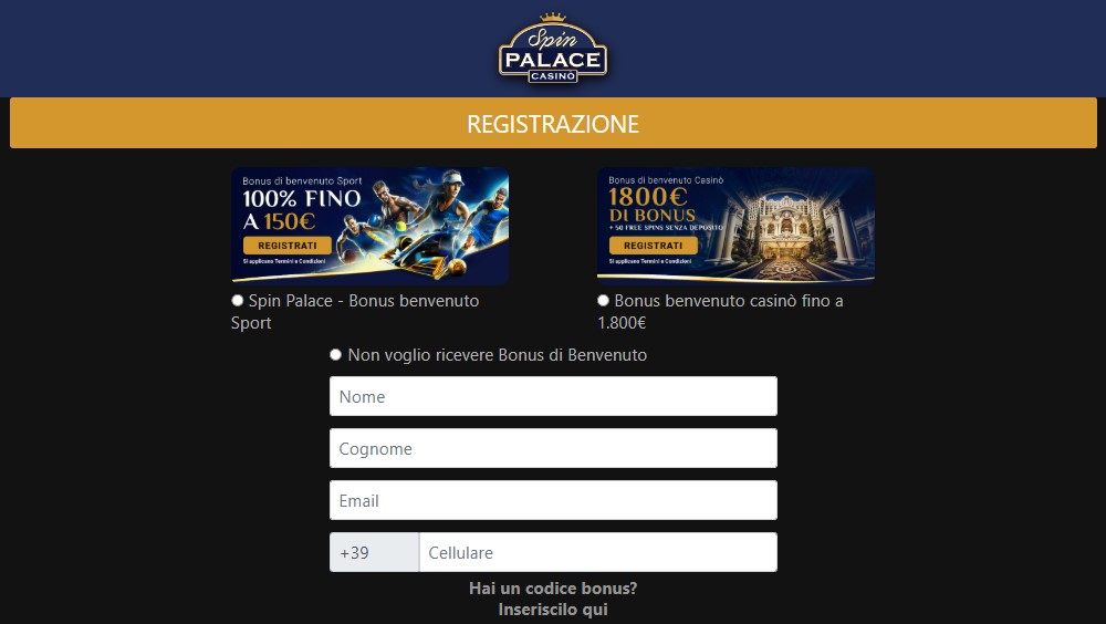 Spin Palace casinò registrazione