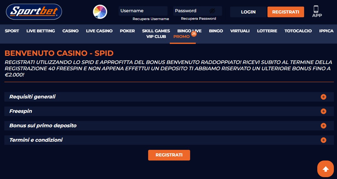 Sportbet bonus senza deposito SPID