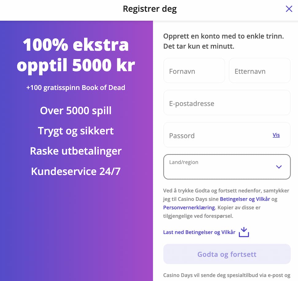 registrere i casino days