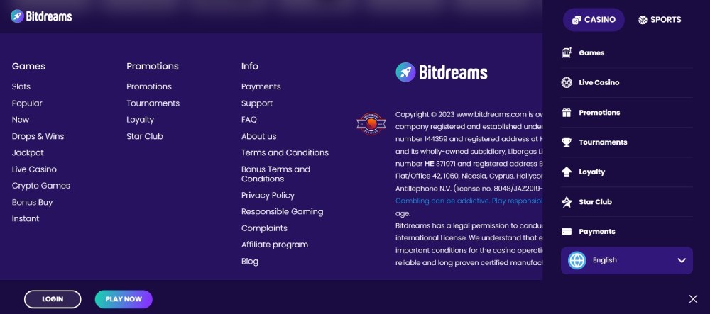 BitDreams Casino Layout