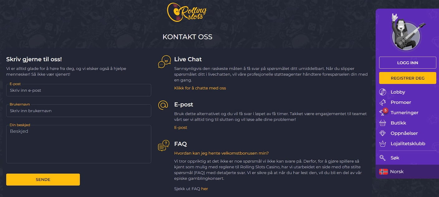 rollingslots casino støtte