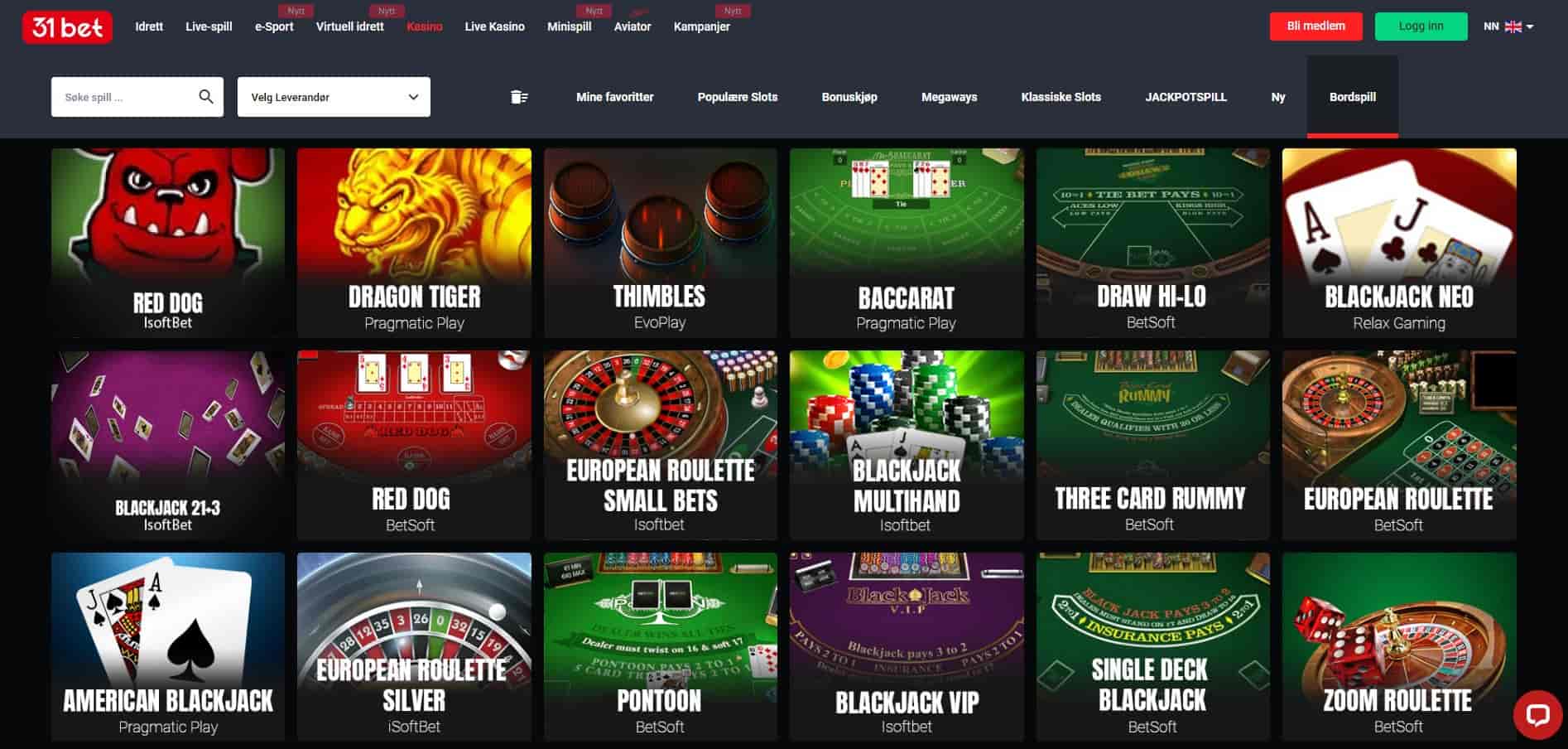 31bet casino bordspill