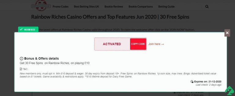 rainbow riches casino promo code