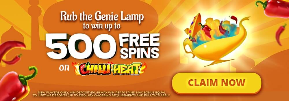 Aladdin Slots promo code on 500 free spins on Chilli Heat slot