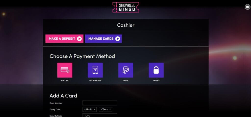 Showreel Bingo payment method