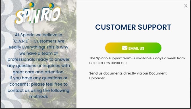 spin rio casino support