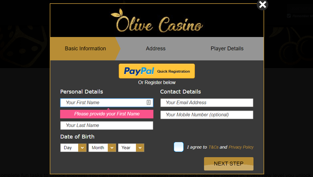 Olive Casino account creation