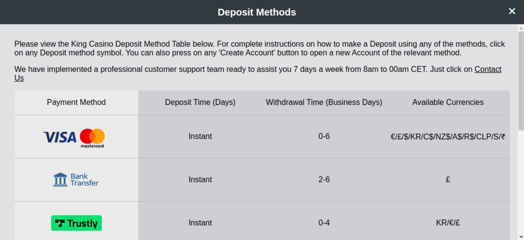 king casino payment methods