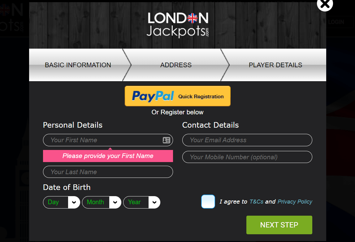 london jackpots account creation