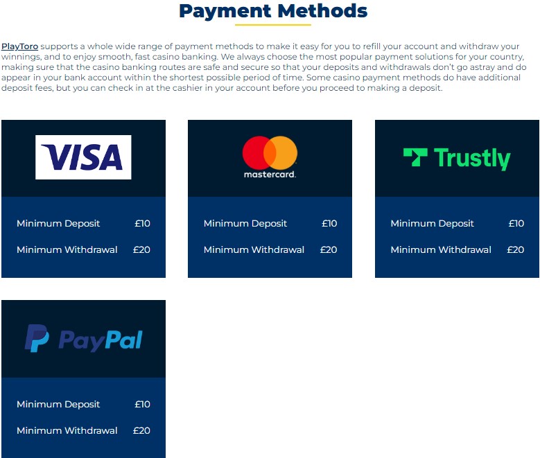 playtoro casino payment methods