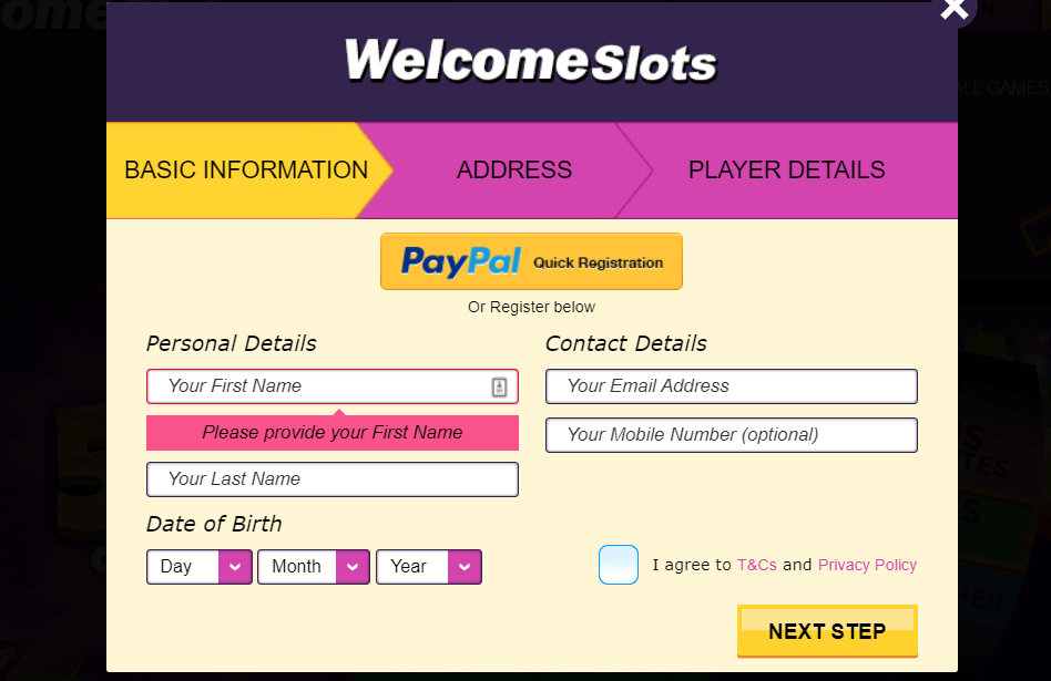 welcomeslots account creation