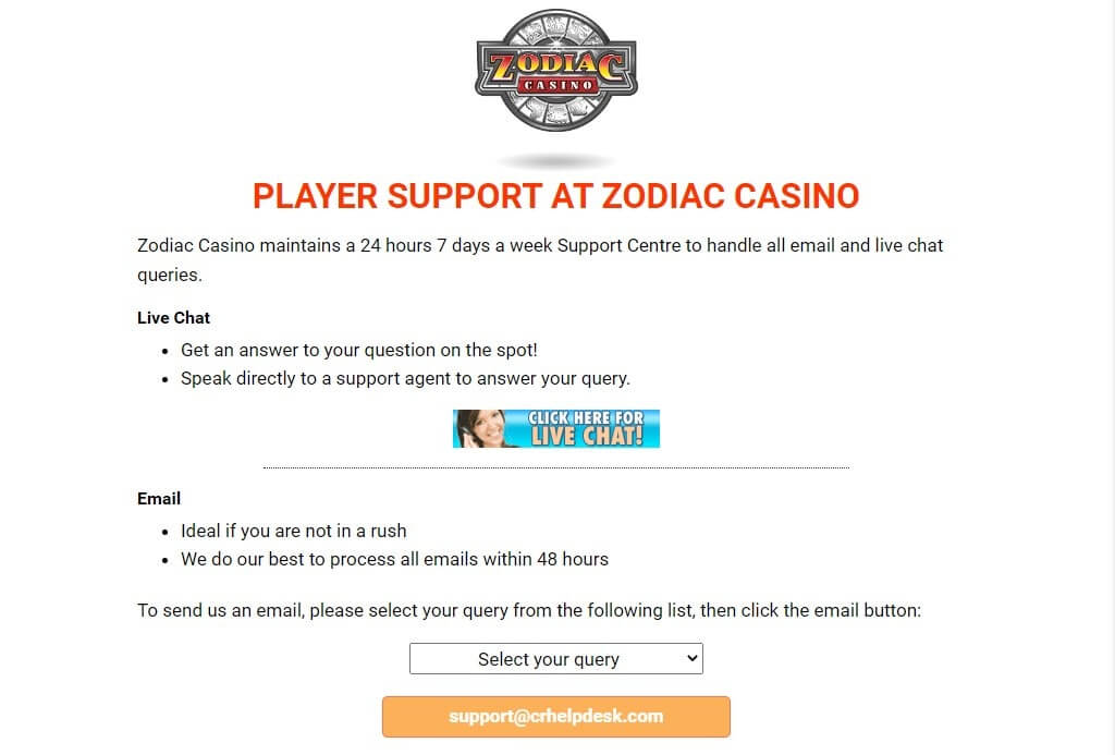 zodiac casino customer service