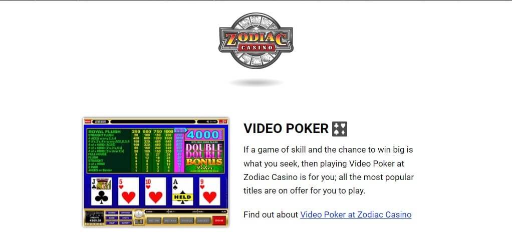 zodiac casino video poker games
