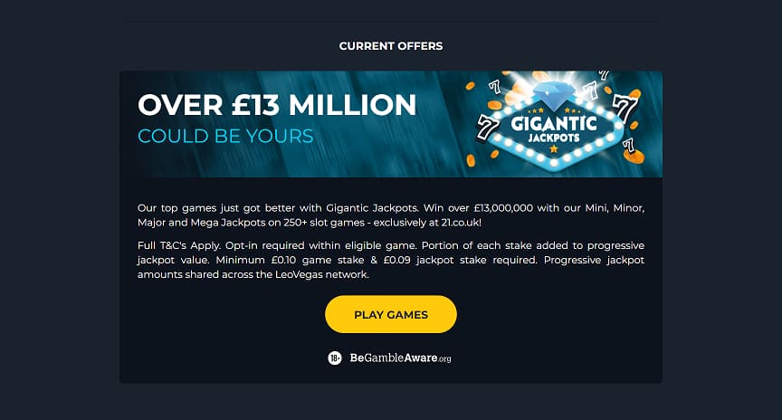 21.co.uk gigantic jackpots bonus