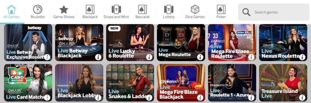 betway live casino games