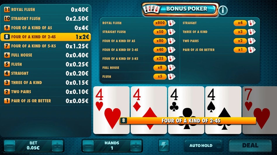 Bonus Poker video poker game interface by RedDrake gaming