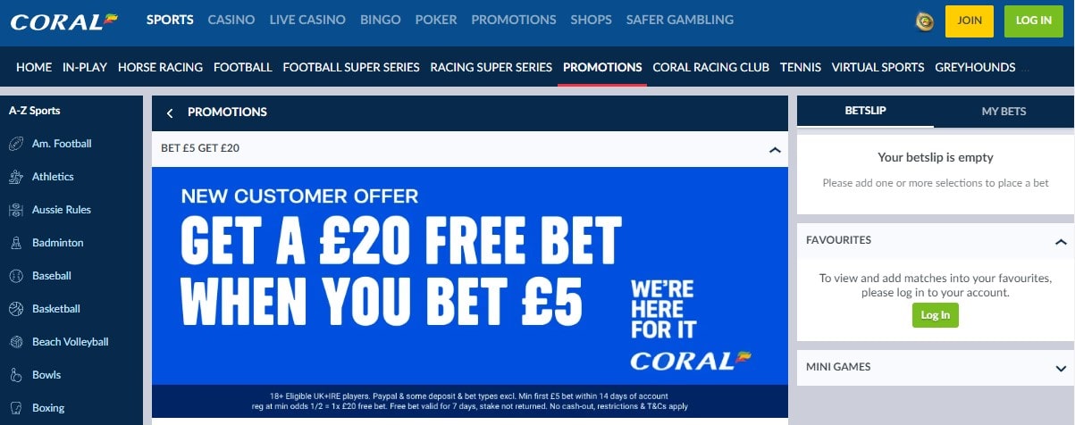 Coral Bet £5 Get £20