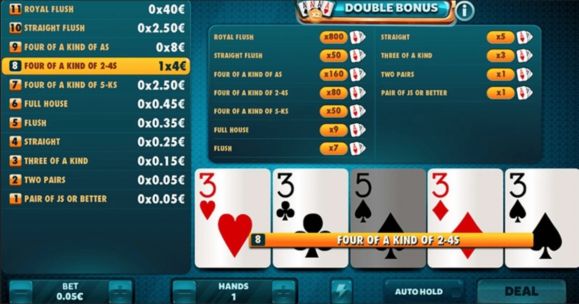 Double Bonus video poker game interface by RedDrake gaming