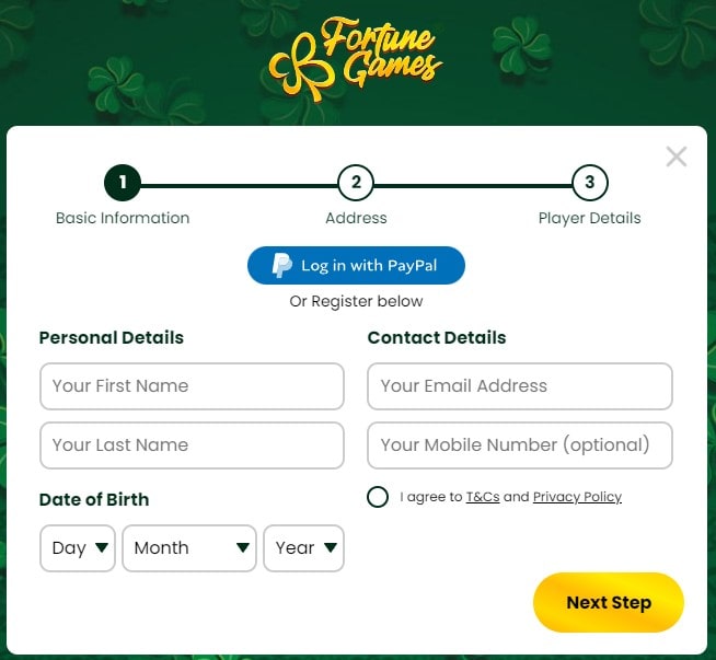 how to register at fortune games