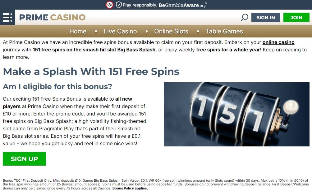 deposit 10 get 150 free spins at primecasino