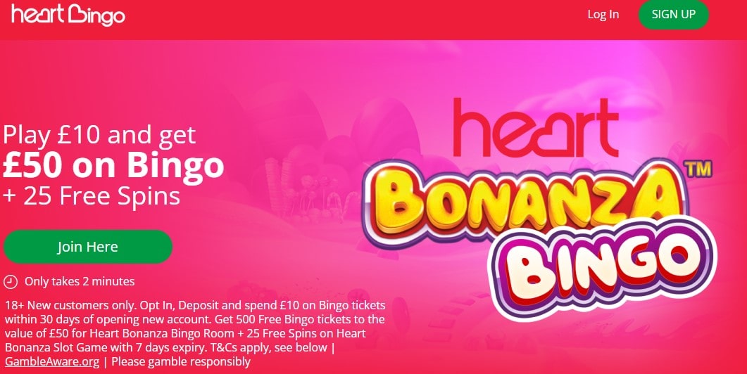 deposit 10 get 50 bonus and 25 free spins at heartbingo