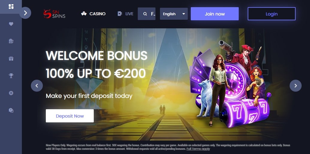 Sin Spin Casino login page