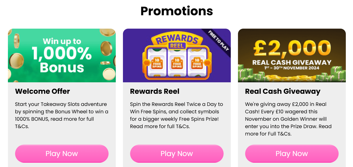 takeaway slots bonus code offers