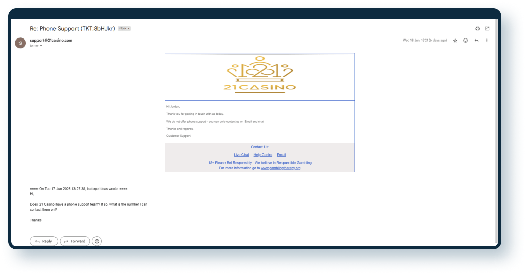 21 casino email response