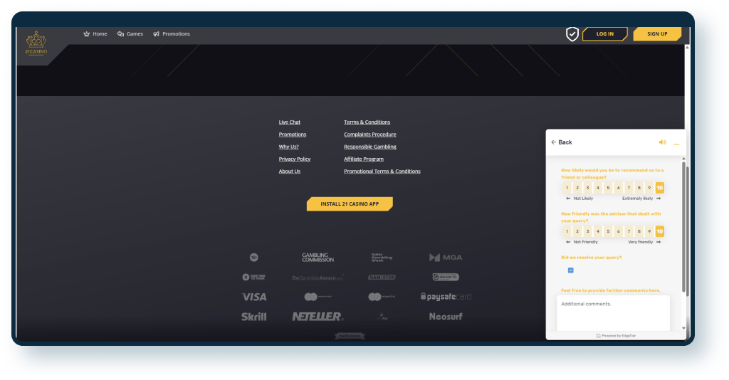 21 casino live chat survey