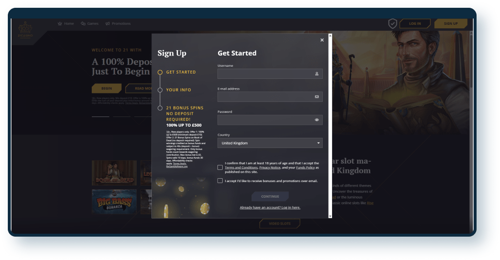 21 casino sign up step 1