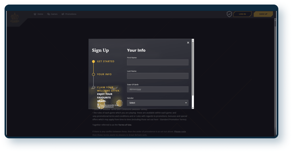 21 casino sign up step 2