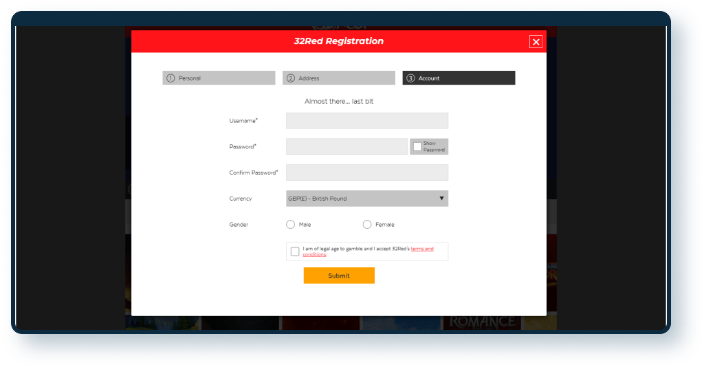 32Red Casino Registration step 3