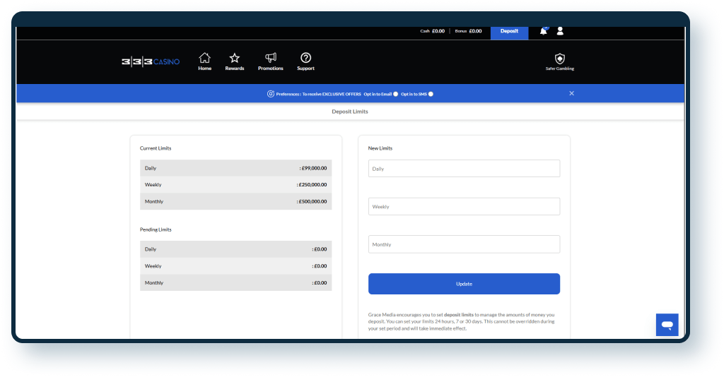 333 Casino Deposit Limits