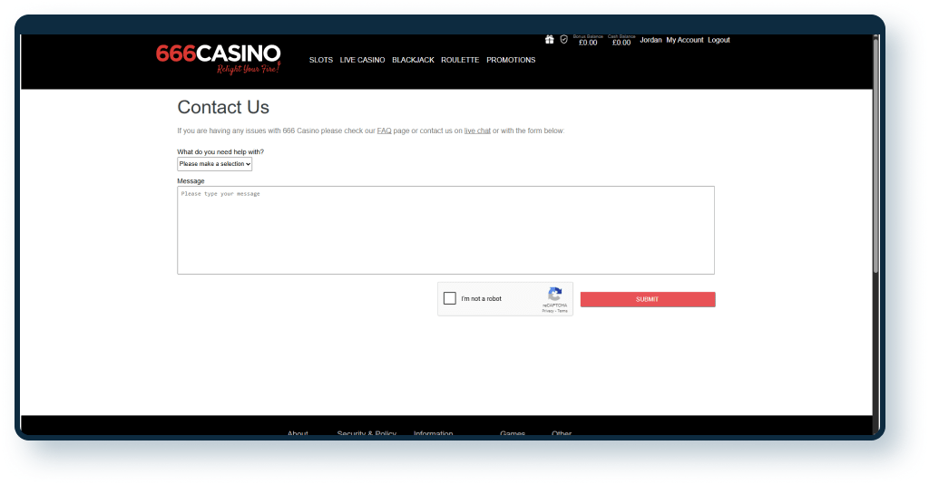 666 Casino Contact page