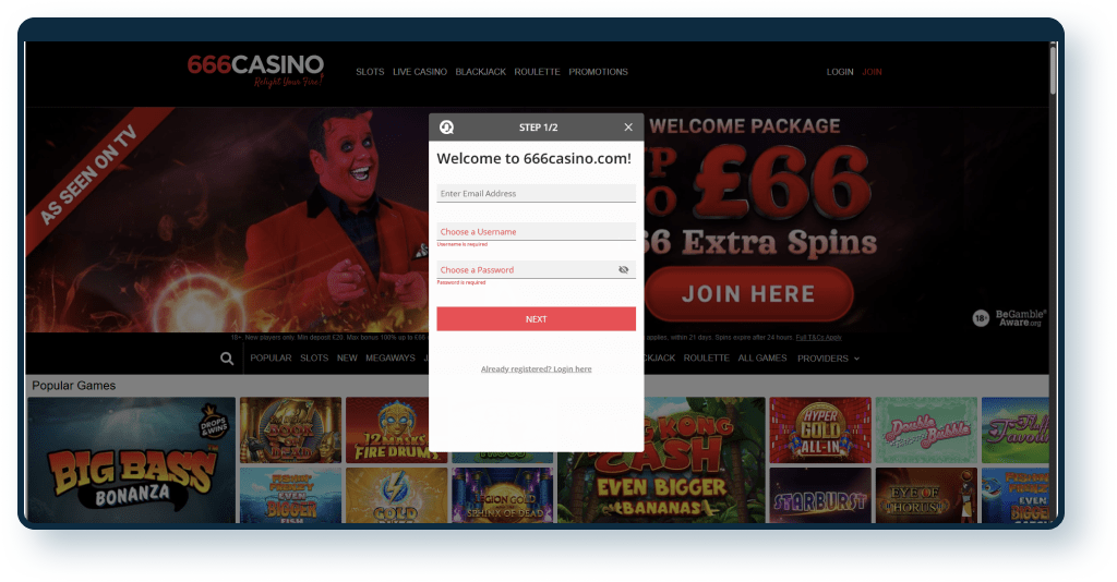 666 Casino Registration step 1