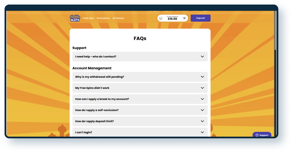 Aladdin Slots FAQ page