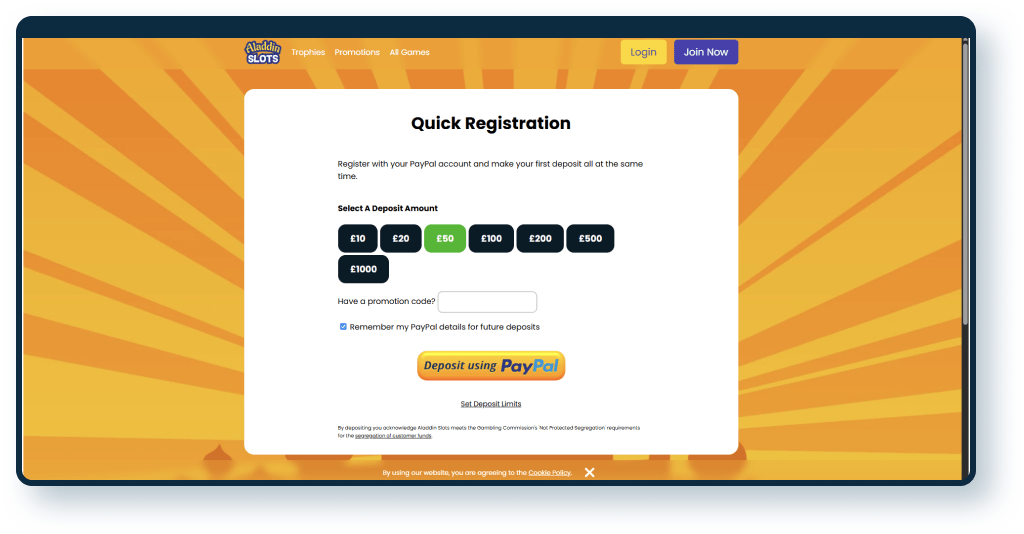 Aladdin Slots Paypal Registration