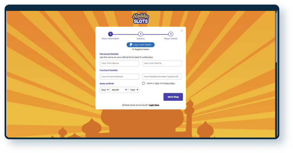 Aladdin Slots Registration step 1