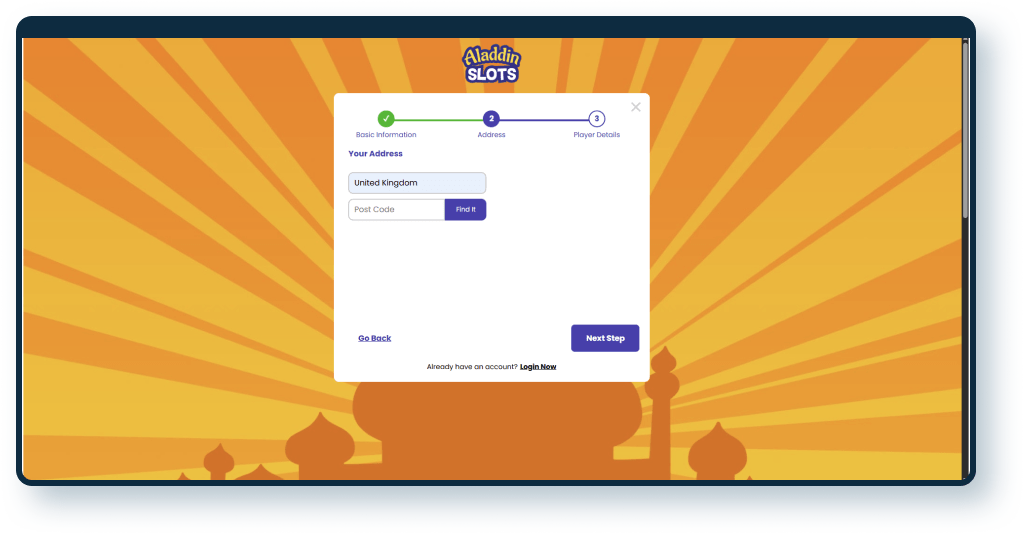 Aladdin Slots Registration step 2