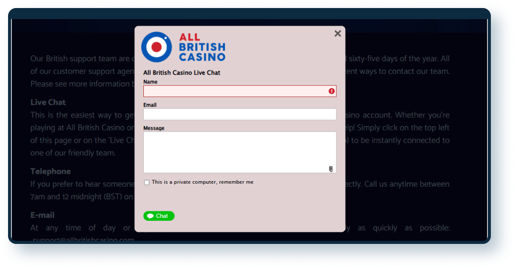 All British Casino Live Chat