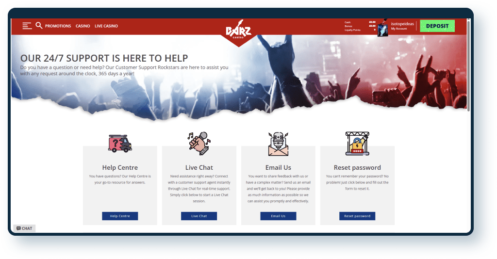 Barz Casino Contact page