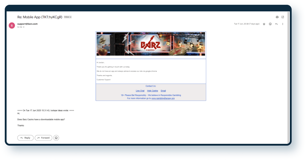 Barz Casino Email Response
