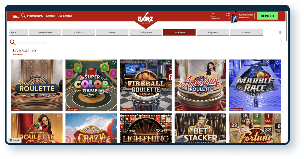 Barz Casino Live Dealer games