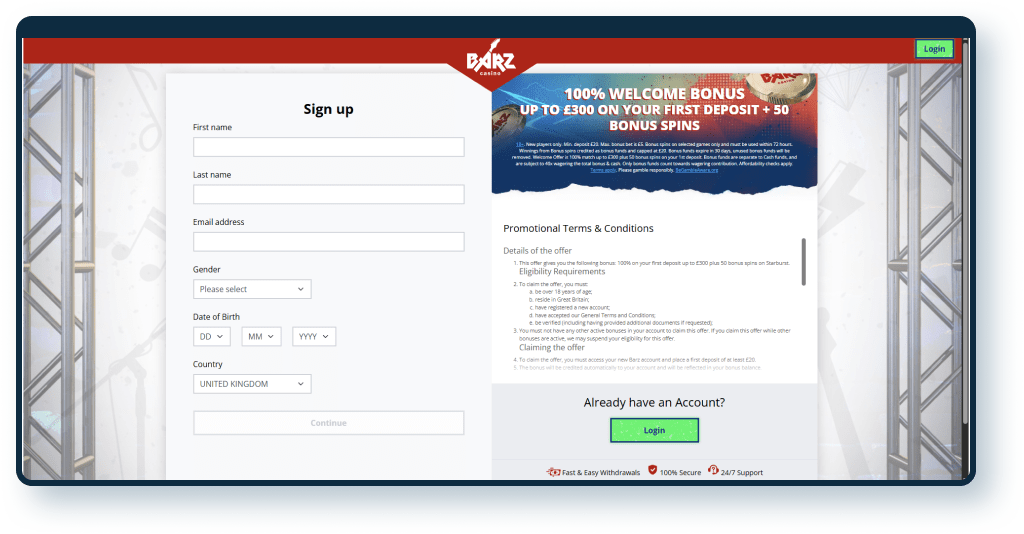 Barz Casino Registration step 1