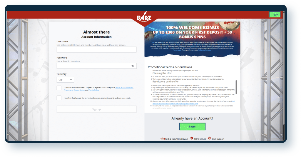 Barz Casino Registration step 3