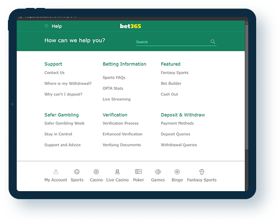 Bet365 FAQ page